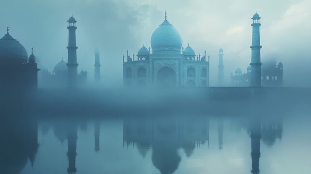 Misty Taj Mahal Reflecting in Still Water, Surrounded by Fog, Architectural marvel, Iconic structure - Powered by Adobe