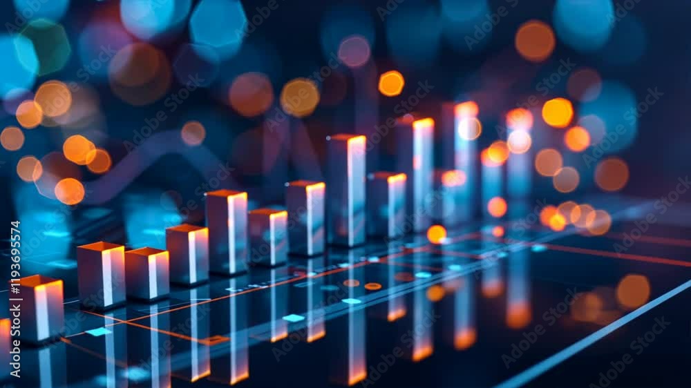 Poster visualizing financial growth data analytics and bar graphs with bokeh lights for dynamic digital tec