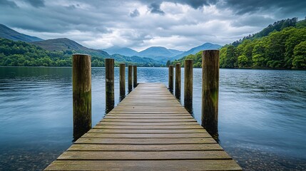 Naklejka premium Serene Lake Landscape with Wooden Dock