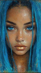 Navy Blue-Grey Abstract Painting: Modern Minimalist Portrait with Gold Lips in Cubism Style