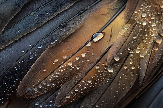 Delicate water droplets resting on a birda??s feather in soft focus