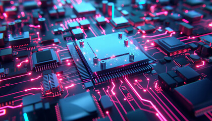 Futuristic motherboard with glowing pink neon circuits and a central microchip, representing advanced computer technology and data flow. 3D render.