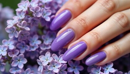 Close-up photo of purple nails on woman hands. Nails glossy, elegant. Lilac flowers surround hands. Beautiful purple colour. Spring, beauty, fashion, care concept. Image for spa, beauty salon,