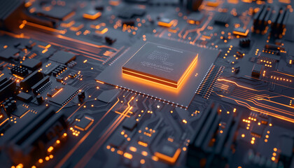 Central computer processor (CPU) on a futuristic motherboard with glowing orange neon data flows. High-tech concept of data processing and microchip technology. 3D render.
