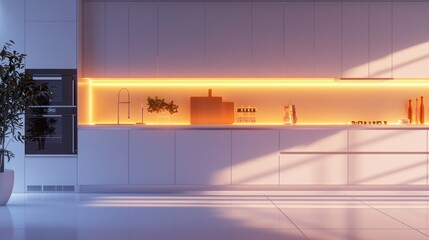 Modern white kitchen with warm lighting and sunbeams.