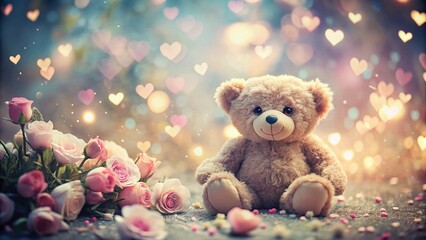 Fototapeta premium Romantic Double Exposure: Teddy Bear & Valentine's Hearts