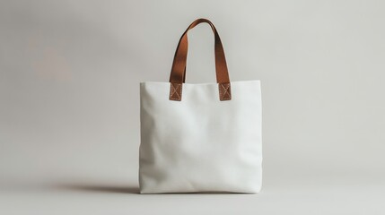 minimalistic image of a white tote bag with sturdy brown handles, captured against a neutral background. The simple yet elegant design highlights its versatility for everyday or shopping use