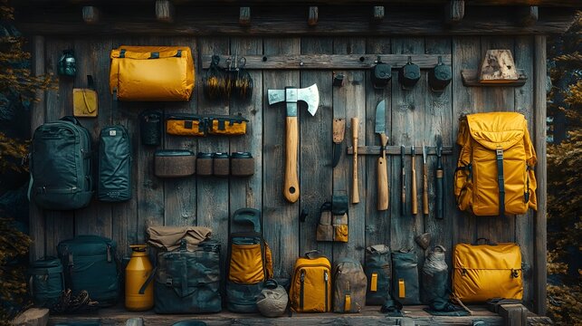 A Beautiful Artistic Depiction of an Emergency Axe and Survival Gear Mounted on a Rustic Wooden Wall Amidst Nature