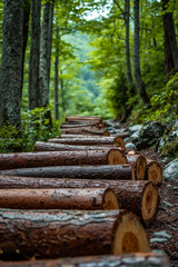 A pile of logs sitting on top of a forest floor