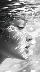 Fototapeta premium Black-and-white photograph of an underwater scene, with the face and hair visible, capturing the natural light filtering through the water and creating soft shadows on the skin. 