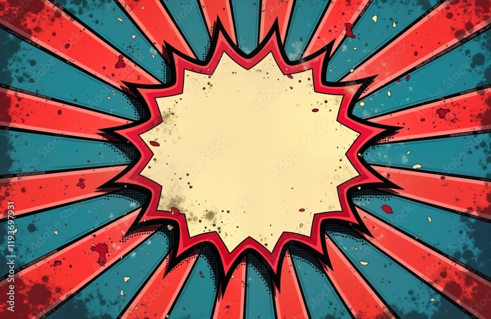 Poster retro comic book style background. burst pattern with red, blue rays. grunge texture. radial design 