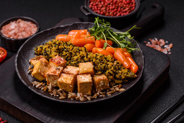 Quinoa bowl with tofu, steamed vegetables, grains, seeds and spices
