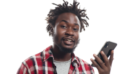 A mobile phone in the hand of an African American man, isolated on white background.