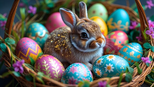 Osterfreude: Hase im Korb mit bunten Eiern