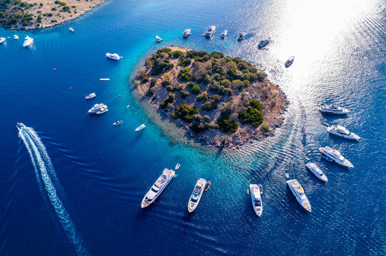 Turkbuku Bay of Bodrum. Mugla, Turkey. Aerial panoramic view of Turkbuku (Golturkbuku). Drone shot.