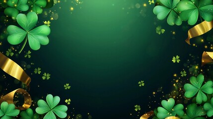 Elegant St. Patrick's Day themed background with green shamrocks, gold ribbons and shimmering light effects. Copy space.