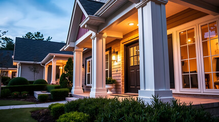 Fototapeta premium Luxury House Exterior at Dusk: Elegant Home Design and Landscaping