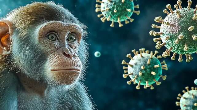 Young monkey observes floating viruses.Primate studies microscopic threats blue environment.Animal focuses intensely scientific setting.Ape explores concepts health,disease.Understanding zoonotic