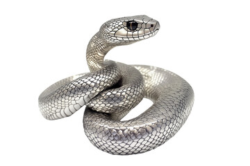 Coiled silver snake sculpture with detailed scales isolated on white background, reptiles or wildlife