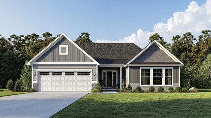 Modern Single Story Craftsman Style House With Gray Siding And White Trim Details