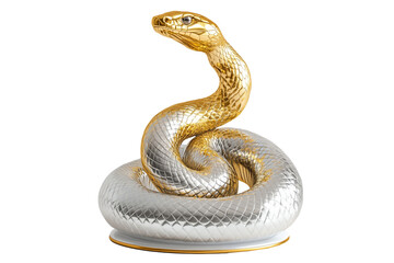 Fototapeta premium Coiled silver and golden snake sculpture with detailed scales isolated on white background, reptiles or wildlife