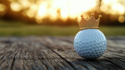 Golf Ball Crowned King: A Champion's Sunset Glory on Wooden Board