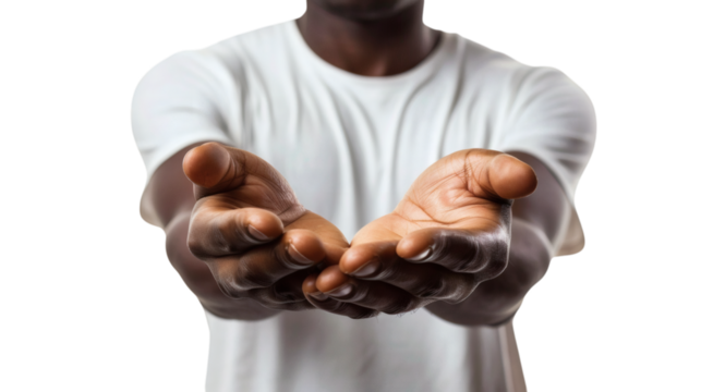 A mobile phone in the hand of an African American man, isolated on white background.