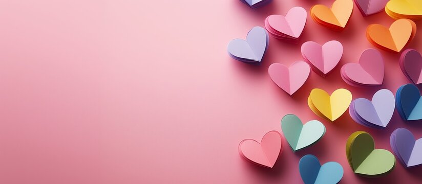 Multi-colored paper hearts located on a pink background. The hearts are made in various pastel colors. The photo is associated with love, romance and holidays. Copy space. - Powered by Adobe