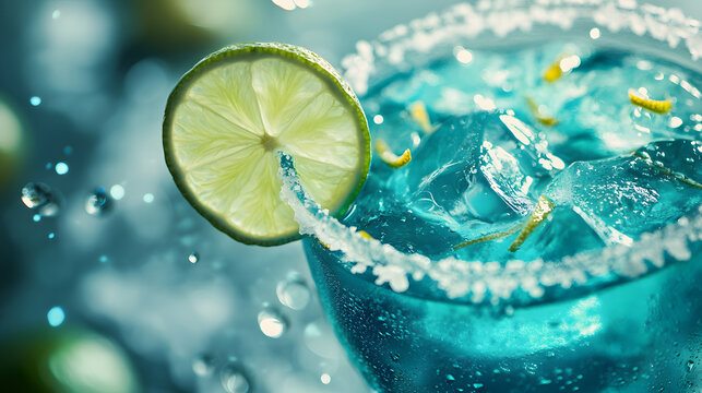A vivid margarita abstraction with swirling turquoise liquid floating salt crystals and lime zest glowing in motion.
