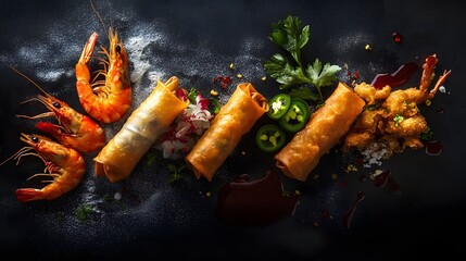 A chefs special fried platter featuring duck spring rolls tempura prawns and stuffed jalape&ntilde;os arranged with artistic flair.