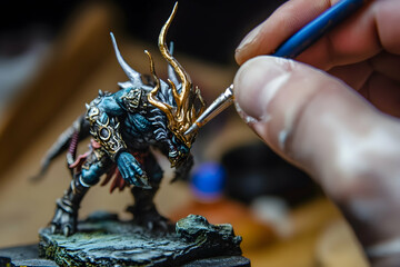 Hobbyist painting miniature figures for tabletop games - creative craftsmanship and artistic detail