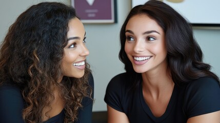 Fototapeta premium Two young hispanic females smiling and engaging in conversation