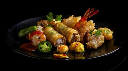 A chefs special fried platter featuring duck spring rolls tempura prawns and stuffed jalape&ntilde;os arranged with artistic flair.