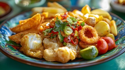 A colorful plate of fried delicacies including battered fish calamari rings and crispy potato wedges.