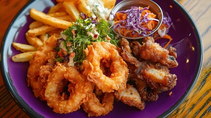 A colorful plate of fried delicacies including battered fish calamari rings and crispy potato wedges.