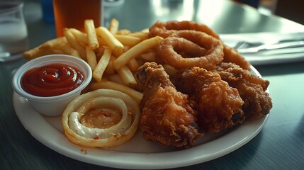 A cozy diner-style plate with fried classics like chicken drumsticks onion rings and thick-cut fries served with ketchup and mayo.