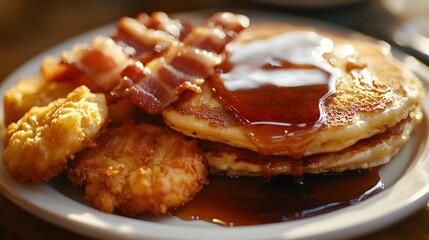 A cozy plate of fried breakfast delights including deep-fried pancakes crispy bacon strips and battered hash browns topped with maple syrup.