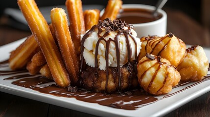 A decadent fried dessert platter with churros beignets and deep-fried ice cream drizzled with chocolate and caramel sauces.