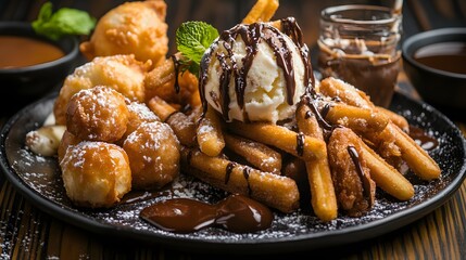 A decadent fried dessert platter with churros beignets and deep-fried ice cream drizzled with chocolate and caramel sauces.