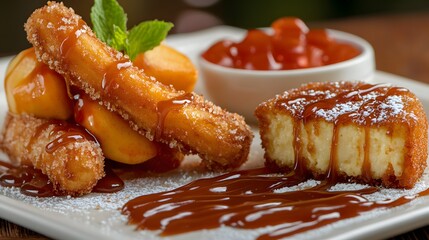 A decadent fried dessert selection featuring apple fritters churros and deep-fried cheesecake topped with caramel drizzle.