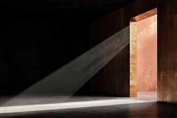 Golden light streaming through open doorway in dark room