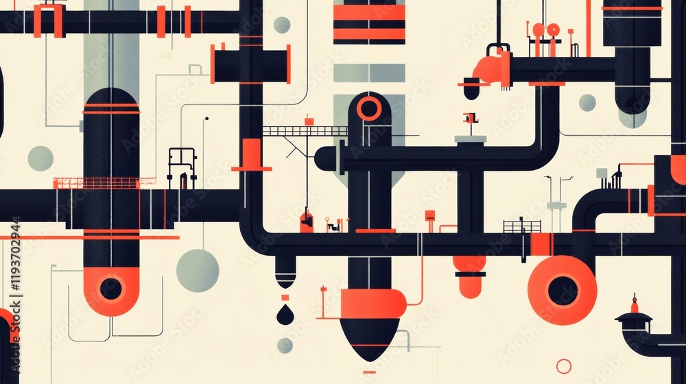Aufkleber geometric industrial pattern highlighting interconnected oil tanks and pipe systems in a modern faci