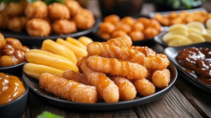 A decadent spread of fried delights including churros deep-fried bananas and apple fritters drizzled with caramel sauce.