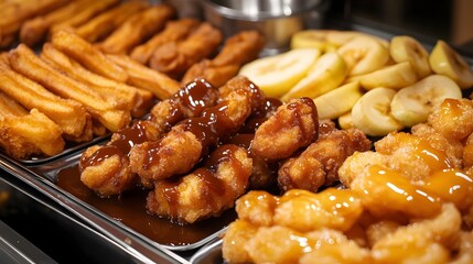 A decadent spread of fried delights including churros deep-fried bananas and apple fritters drizzled with caramel sauce.