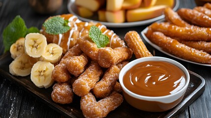 A decadent spread of fried delights including churros deep-fried bananas and apple fritters drizzled with caramel sauce.