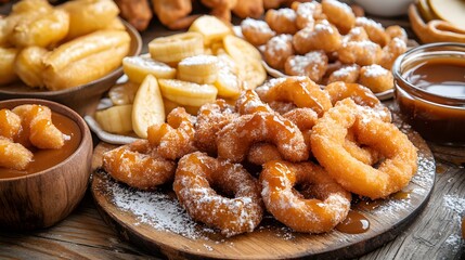 A decadent spread of fried delights including churros deep-fried bananas and apple fritters drizzled with caramel sauce.