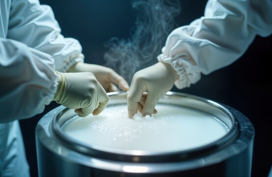 Scientists in protective gear handle liquid nitrogen in lab. Working with cryogenic tank in medical lab focused on IVF treatments. Procedure involves precise handling of samples, tech equipment like