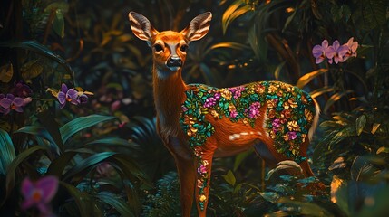 A deer standing in a tropical rainforest its body decorated with patterns of orchids vines and lush foliage.
