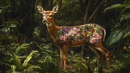 A deer standing in a tropical rainforest its body decorated with patterns of orchids vines and lush foliage.