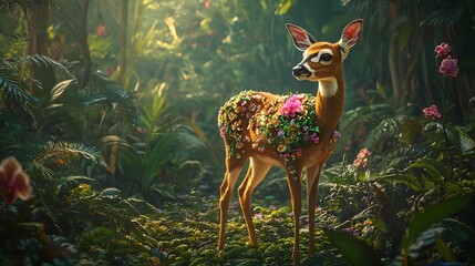 A deer standing in a tropical rainforest its body decorated with patterns of orchids vines and lush foliage.